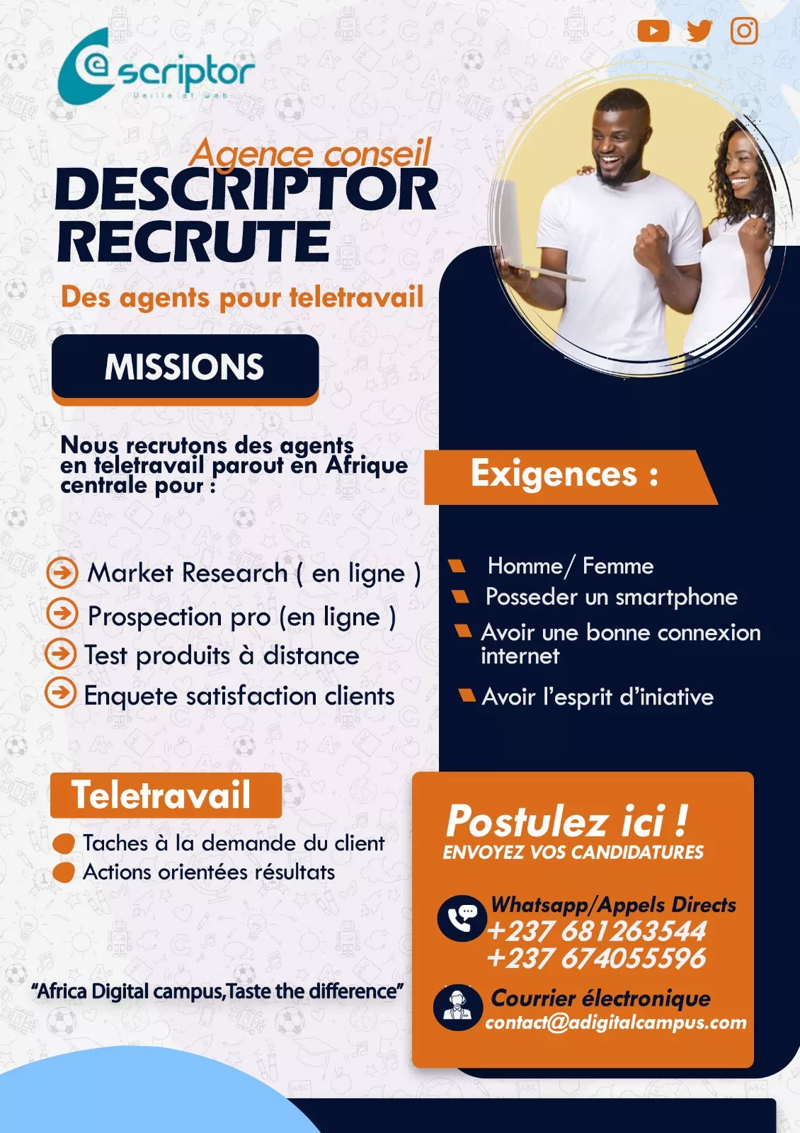 Recrutement des Agents Télétravail à 10 - Petites annonces gratuites - Achat et vente à Douala, Cameroun